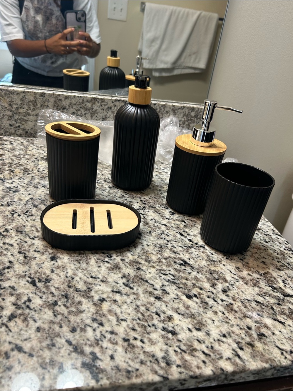 Black and Bamboo Bathroom Accessory Set - 5 Piece